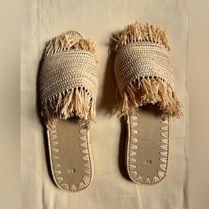 Authentic Moroccan Fringed Beige Woven Women's Slides